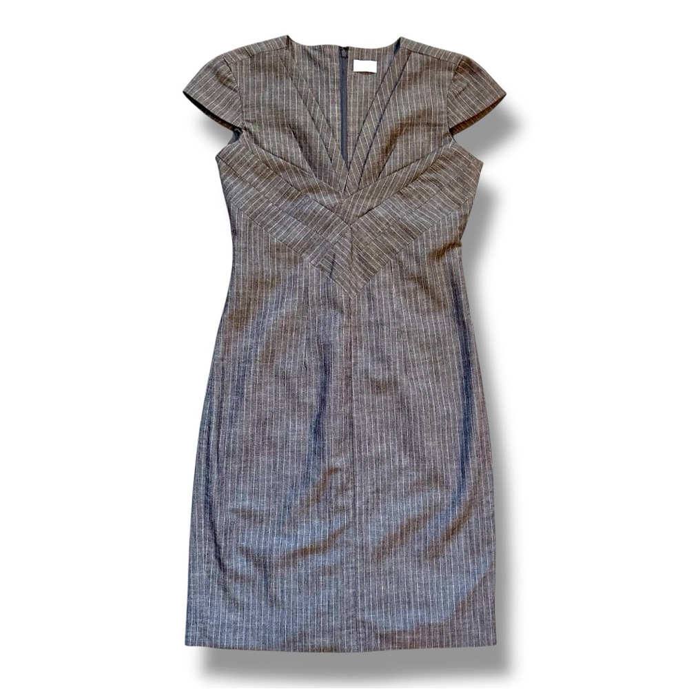 Suzy Shier Grey Pleated Bodice V Neck Pin Stripe Fitted Dress Size Small - Picture 3 of 12